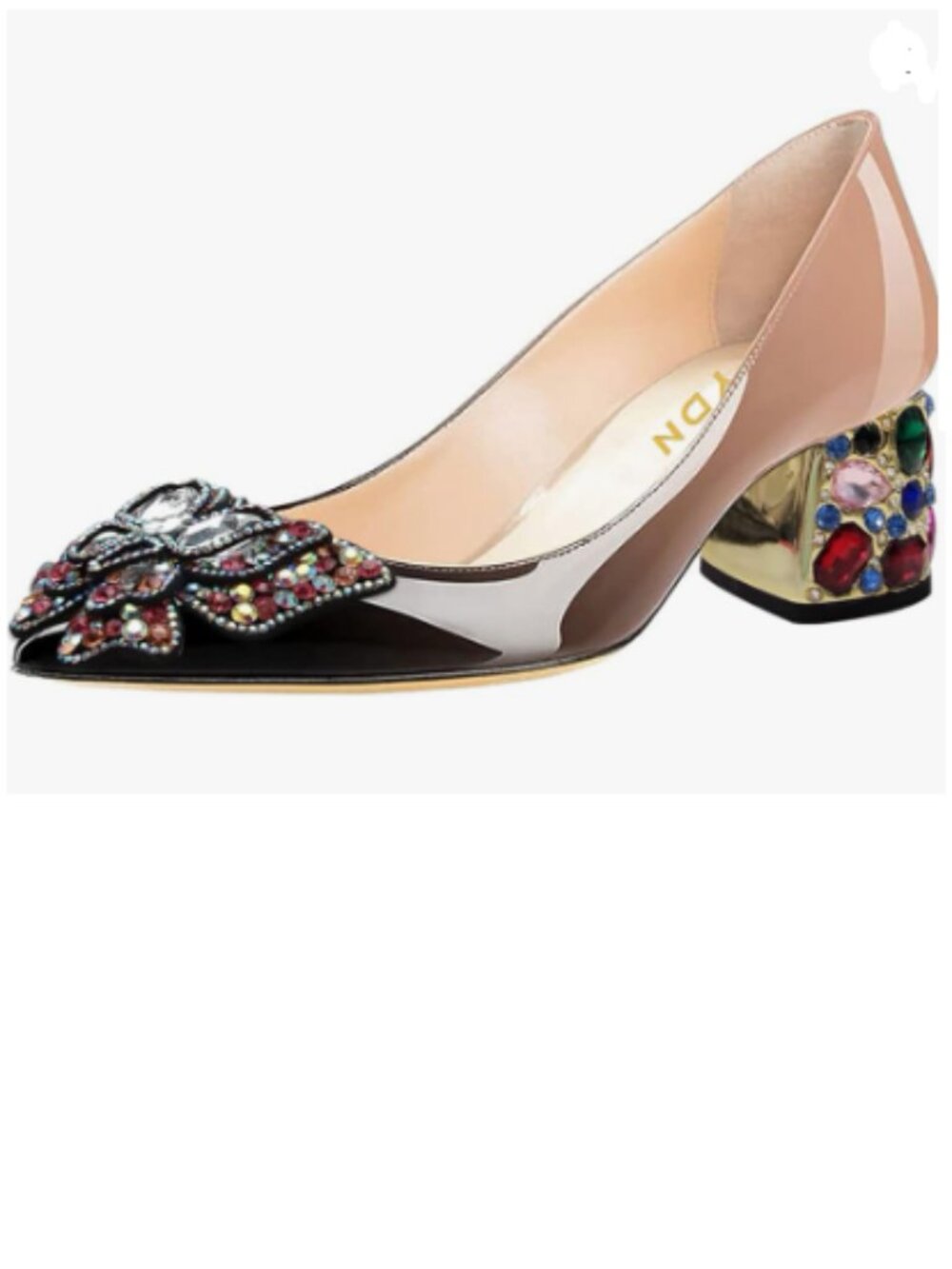 YDN Black Nude Pointed Toe Bow Pumps Rhinestone Block Low Heel Butterfly Shoes